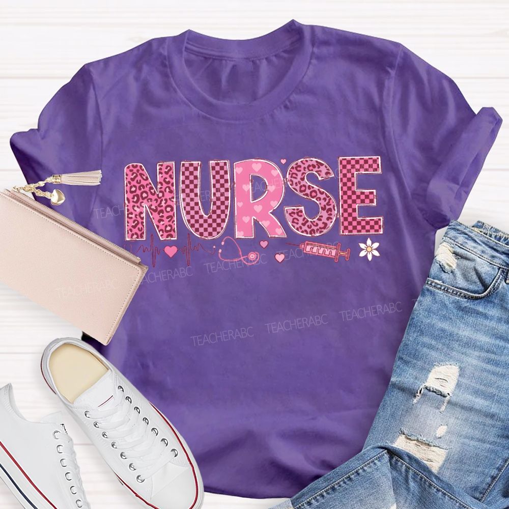 School Nurse Leopard Print And Checkered Font Valentine'S Day T-shirt
