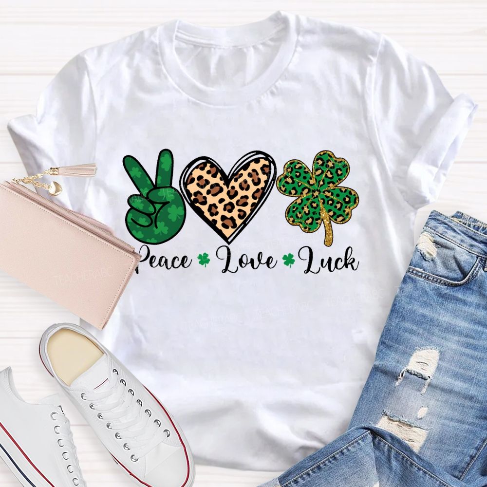 Peace Love Luck Leopard Print Hearts And Four-Leaf Clover T-shirt