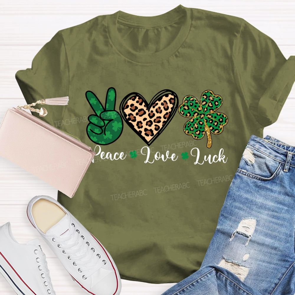 Peace Love Luck Leopard Print Hearts And Four-Leaf Clover T-shirt