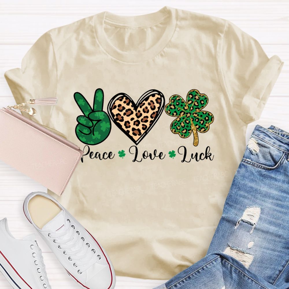 Peace Love Luck Leopard Print Hearts And Four-Leaf Clover T-shirt