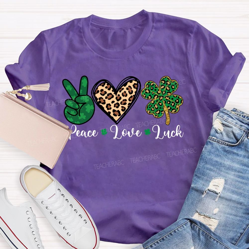 Peace Love Luck Leopard Print Hearts And Four-Leaf Clover T-shirt