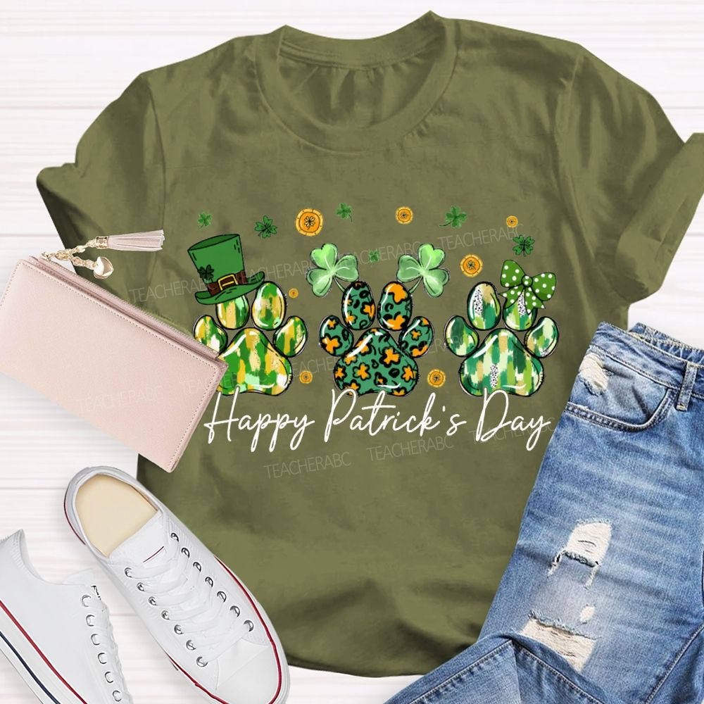 Happy Patrick'S Day Lucky Clover And Paw Prints T-shirt