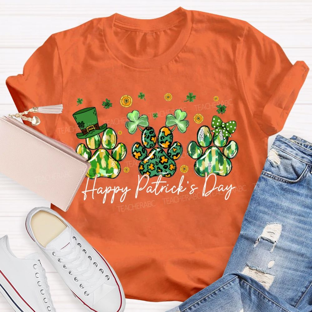 Happy Patrick'S Day Lucky Clover And Paw Prints T-shirt