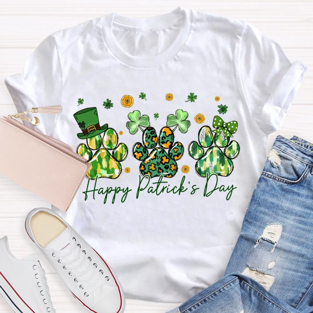 Happy Patrick'S Day Lucky Clover And Paw Prints T-shirt