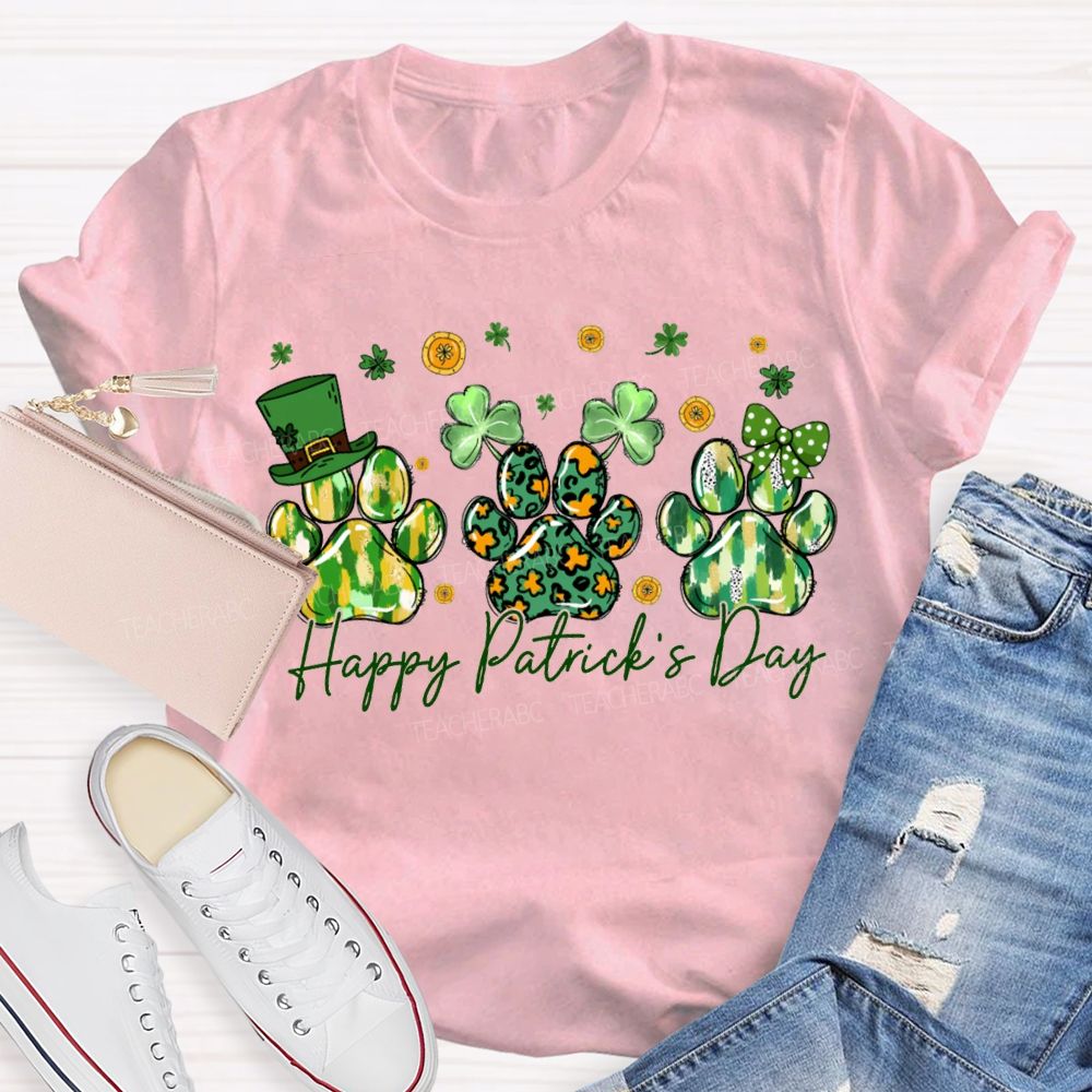 Happy Patrick'S Day Lucky Clover And Paw Prints T-shirt