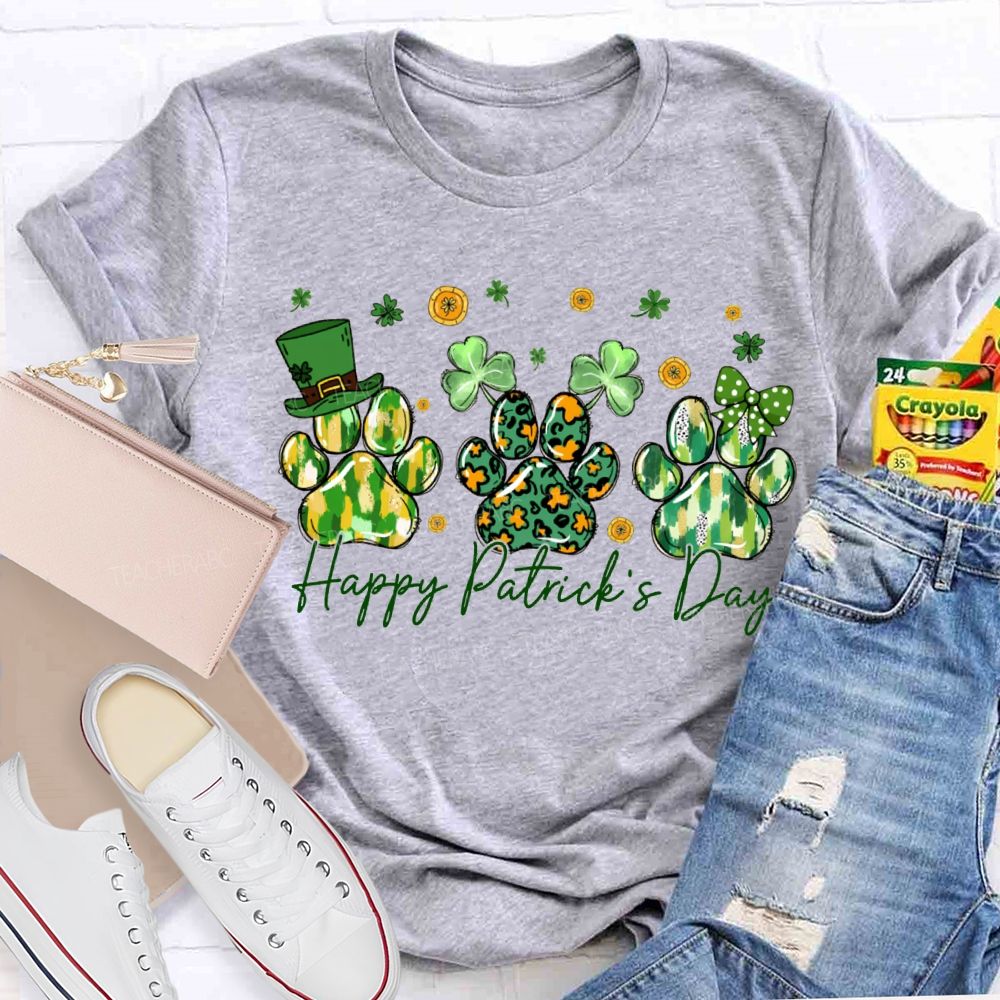 Happy Patrick'S Day Lucky Clover And Paw Prints T-shirt