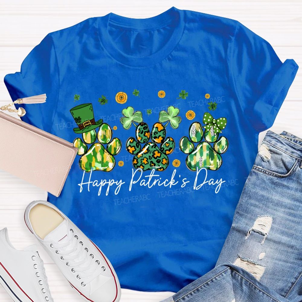 Happy Patrick'S Day Lucky Clover And Paw Prints T-shirt