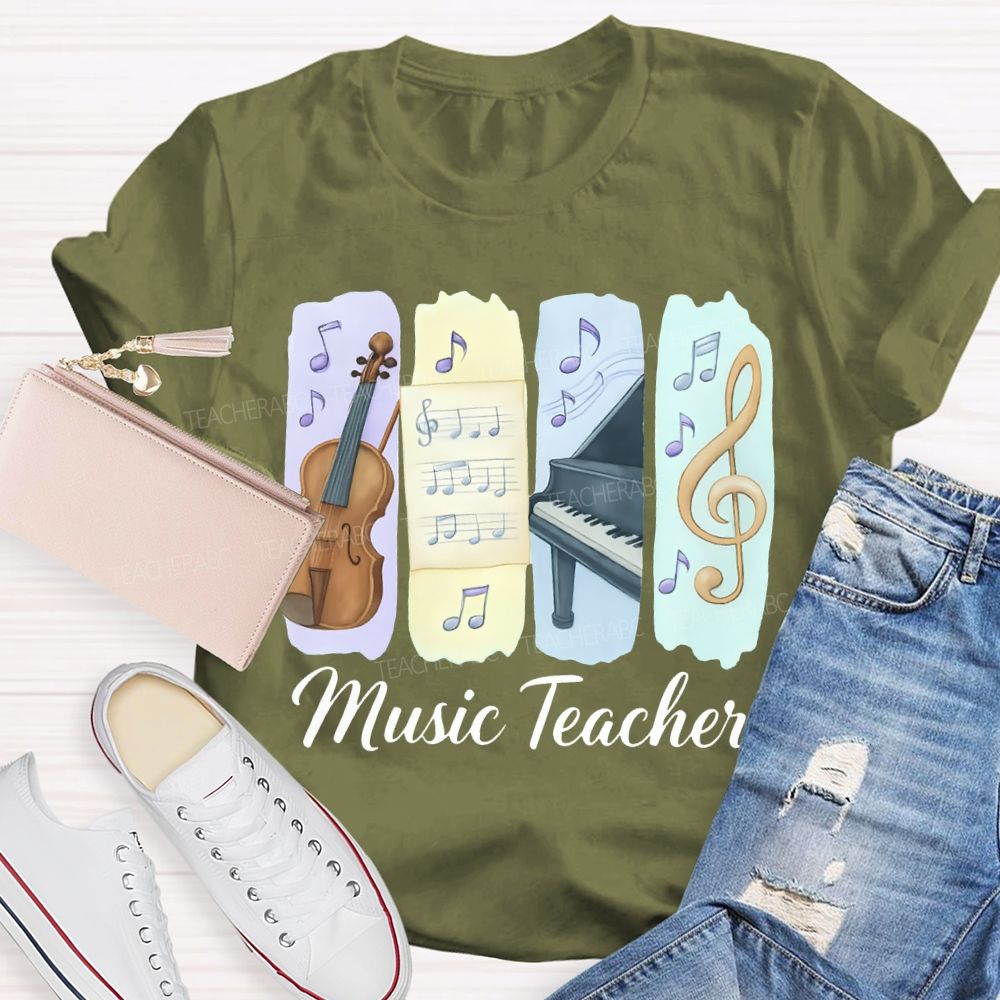 Music Teacher Guitar And Musical Note Prints T-shirt