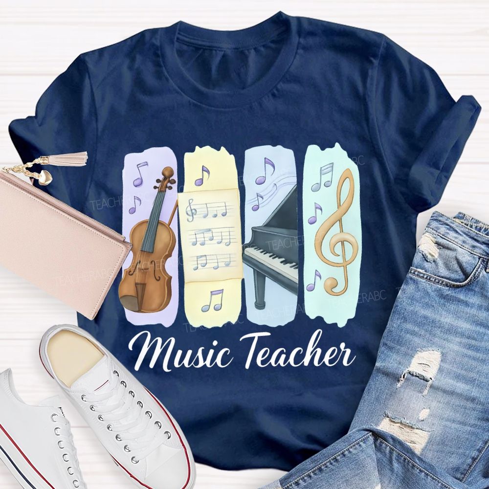 Music Teacher Guitar And Musical Note Prints T-shirt