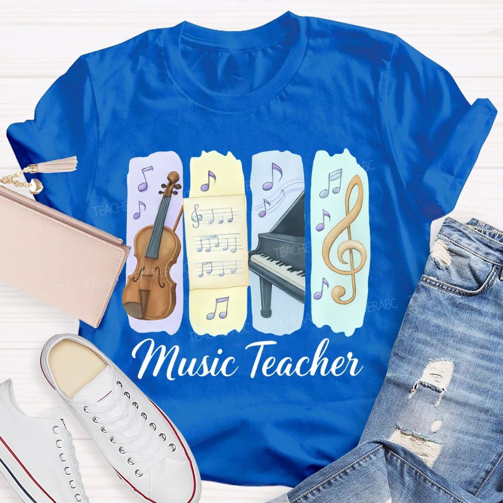 Music Teacher Guitar And Musical Note Prints T-shirt