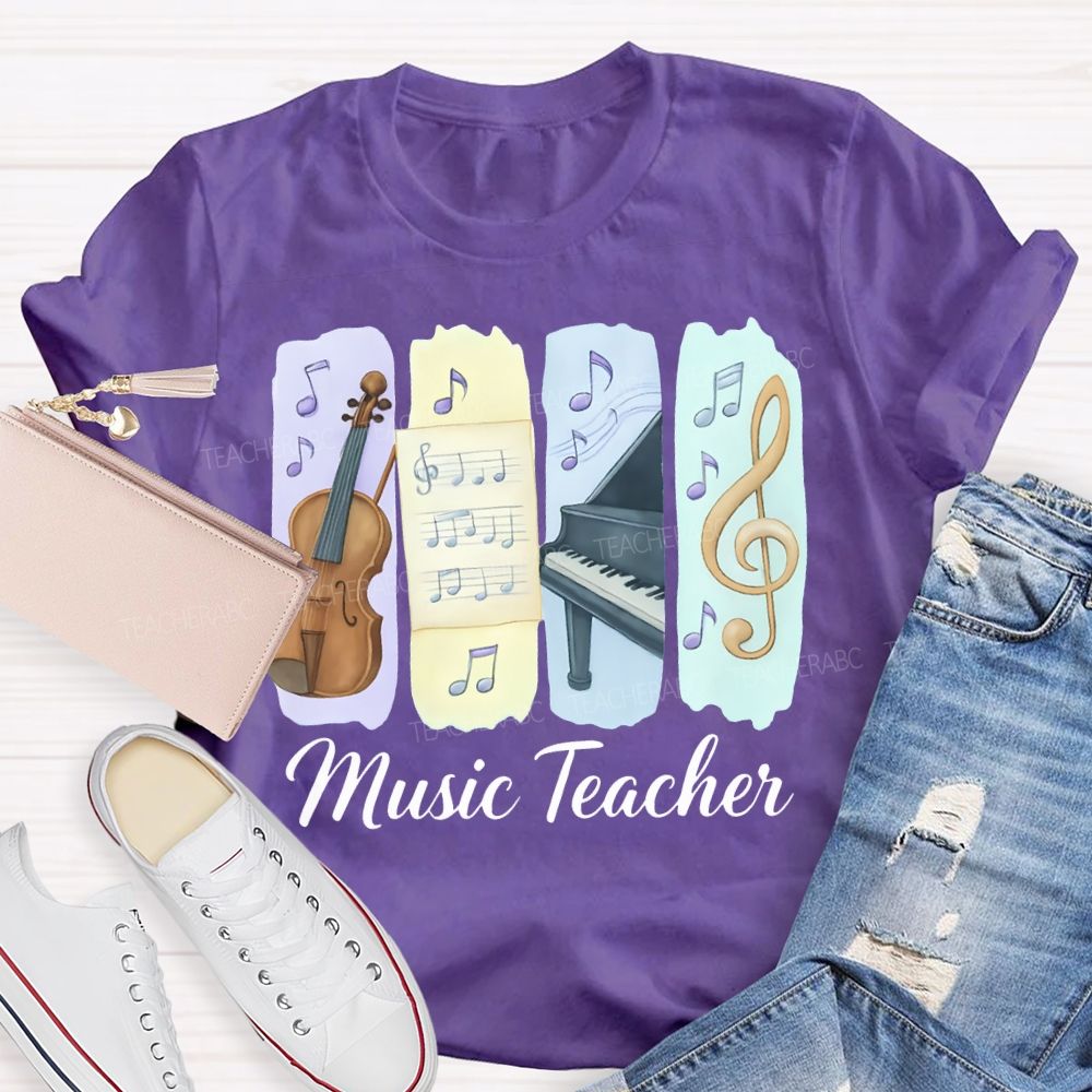 Music Teacher Guitar And Musical Note Prints T-shirt