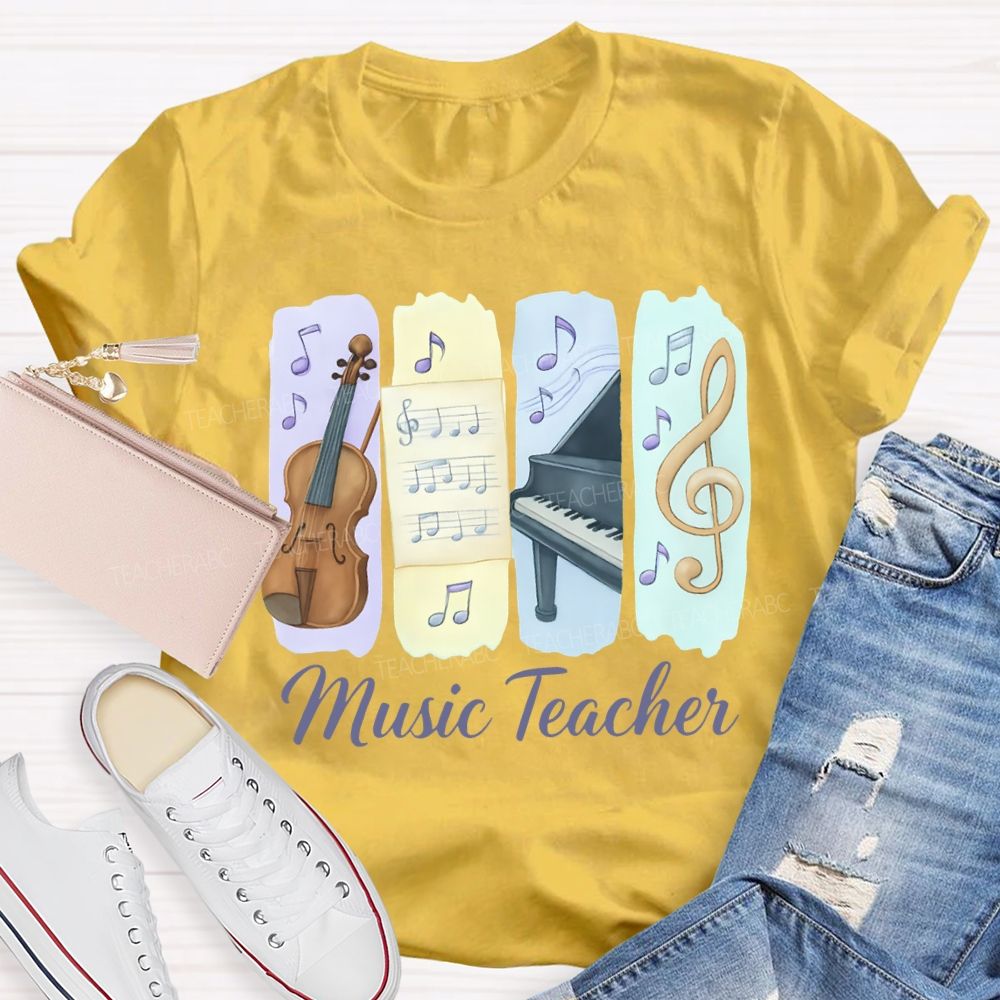 Music Teacher Guitar And Musical Note Prints T-shirt
