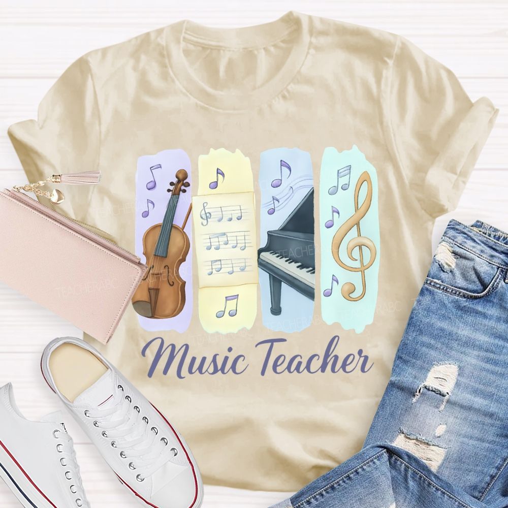 Music Teacher Guitar And Musical Note Prints T-shirt
