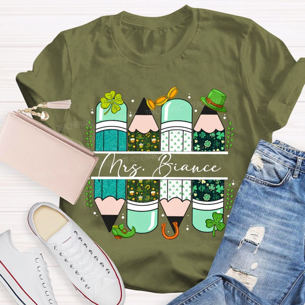 Personalized Name Clover And Colored Pencils Saint Patrick'S Day T-shirt