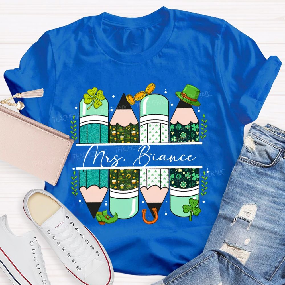 Personalized Name Clover And Colored Pencils Saint Patrick'S Day T-shirt