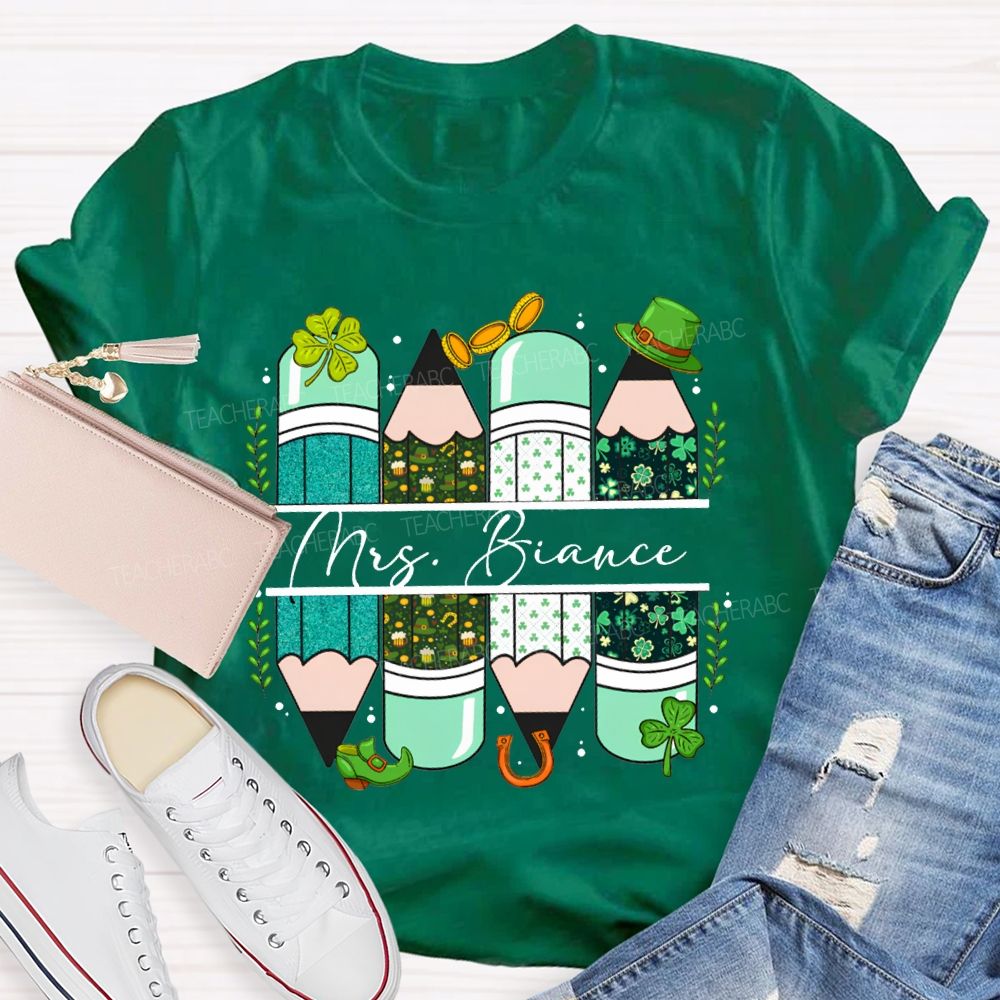 Personalized Name Clover And Colored Pencils Saint Patrick'S Day T-shirt