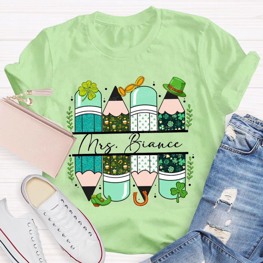Personalized Name Clover And Colored Pencils Saint Patrick'S Day T-shirt