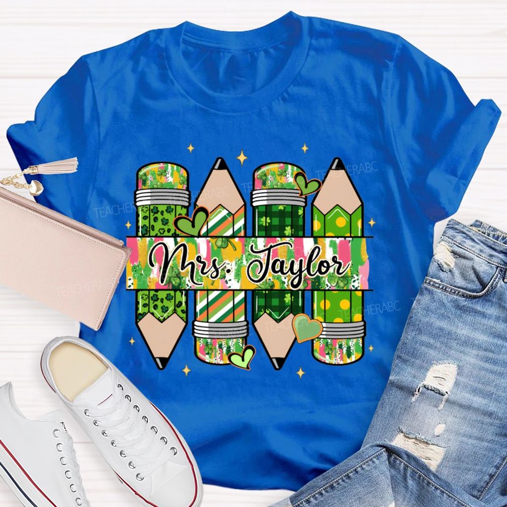 Personalized Name Heart And Clover Pencils Saint Patrick'S Day T-shirt
