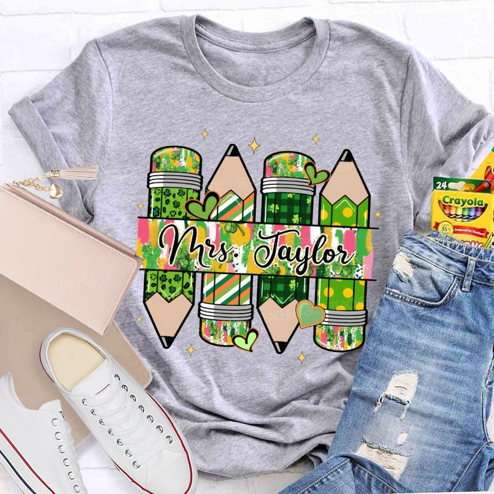 Personalized Name Heart And Clover Pencils Saint Patrick'S Day T-shirt