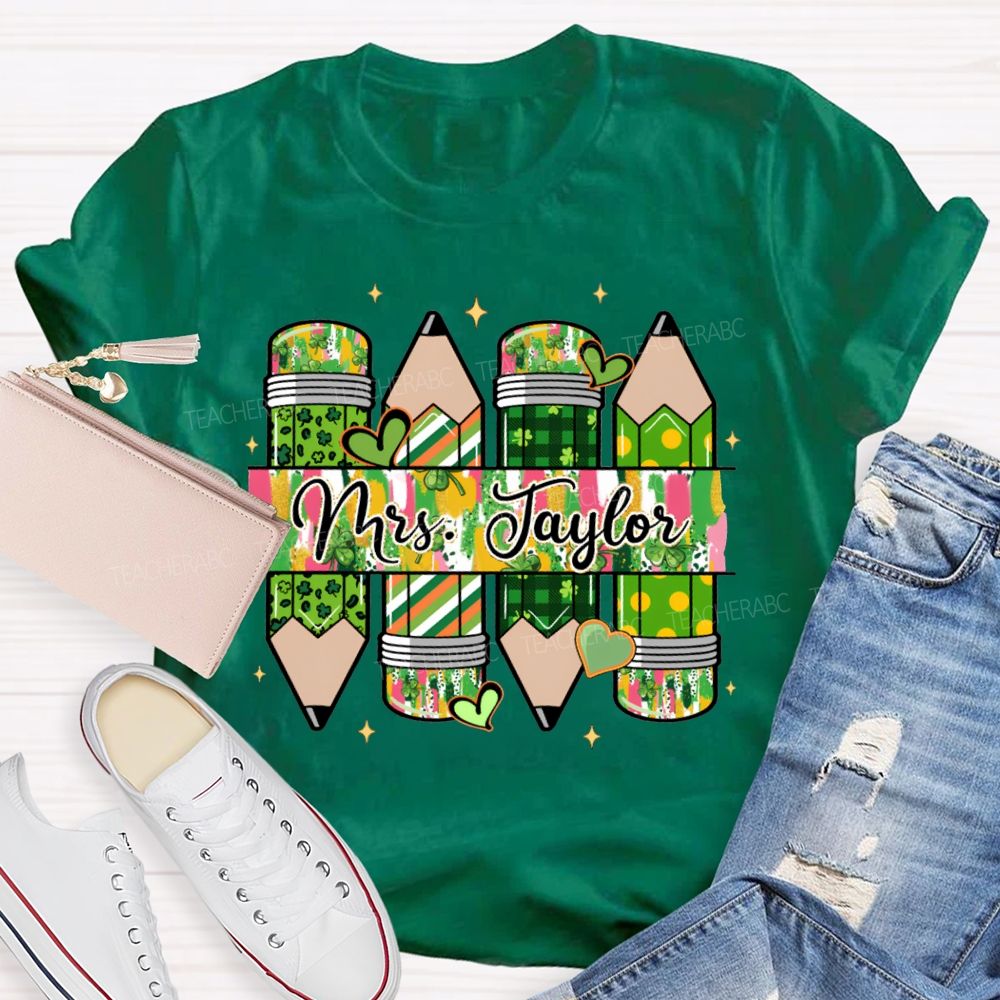 Personalized Name Heart And Clover Pencils Saint Patrick'S Day T-shirt
