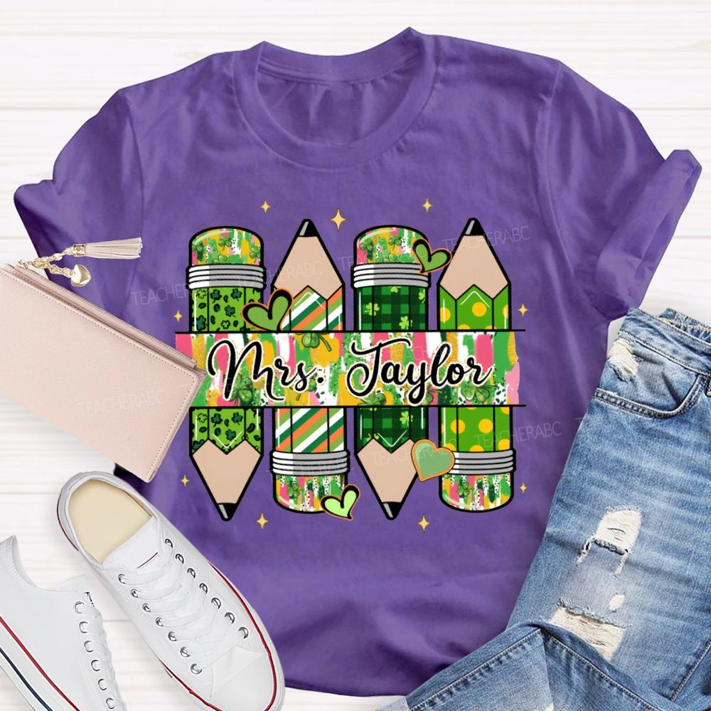 Personalized Name Heart And Clover Pencils Saint Patrick'S Day T-shirt