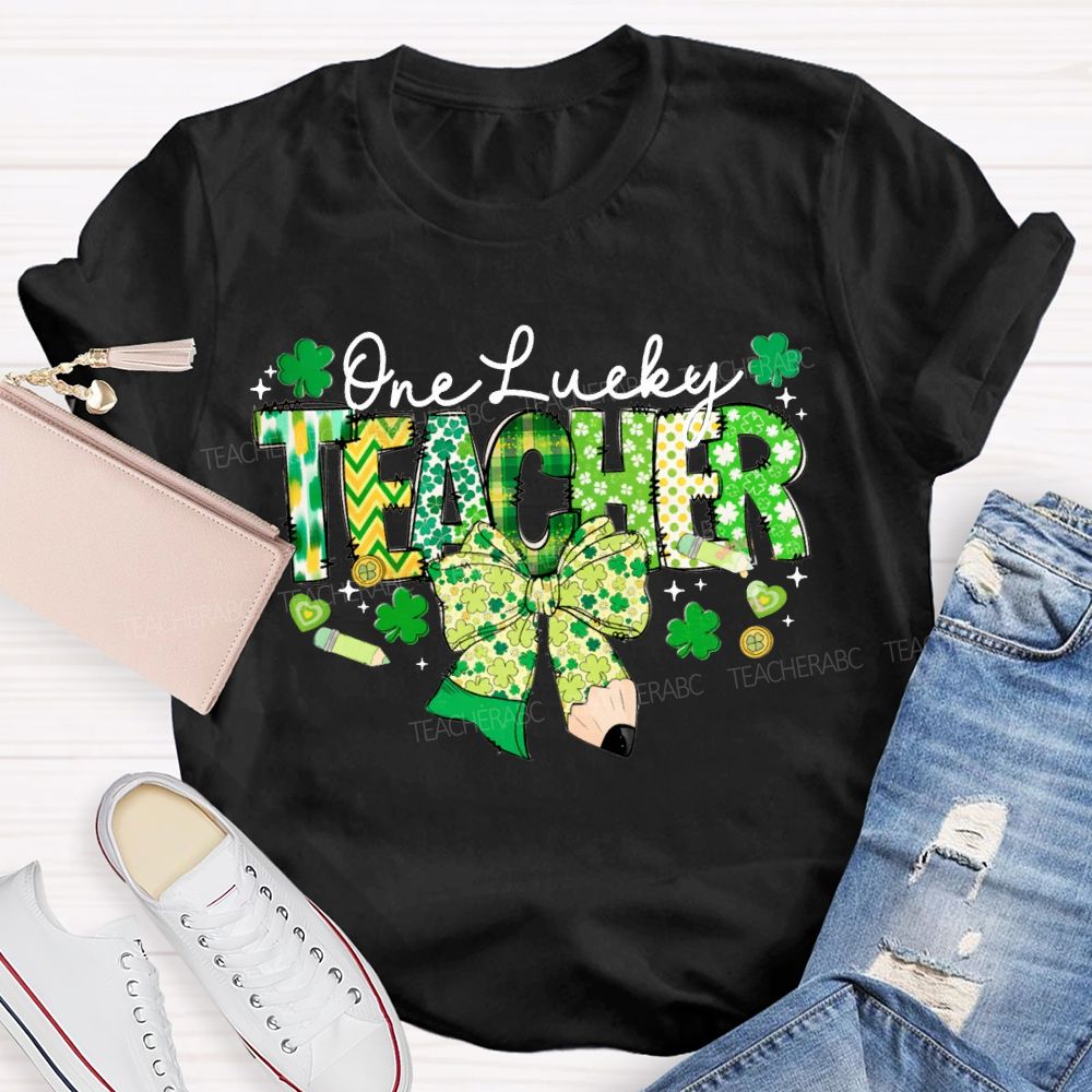 One Lucky Teacher Clover Bow And Colorful Lettering T-shirt