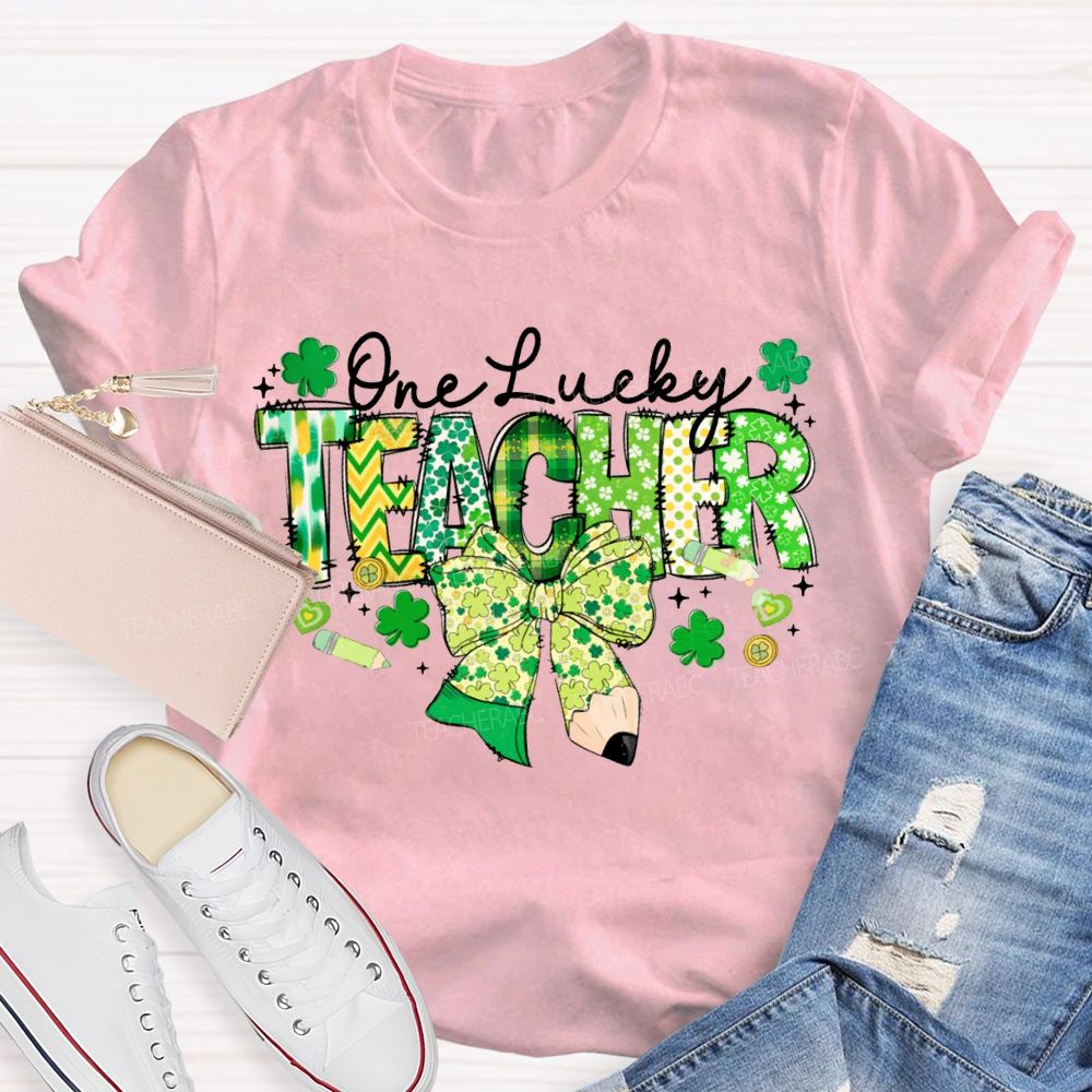One Lucky Teacher Clover Bow And Colorful Lettering T-shirt