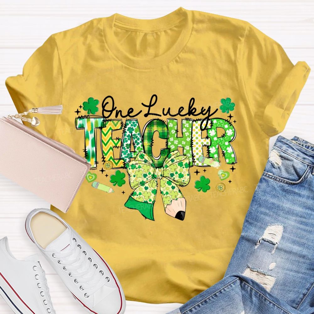 One Lucky Teacher Clover Bow And Colorful Lettering T-shirt