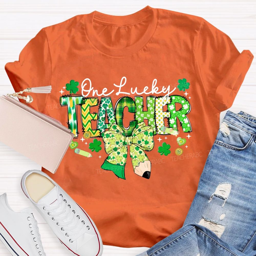 One Lucky Teacher Clover Bow And Colorful Lettering T-shirt