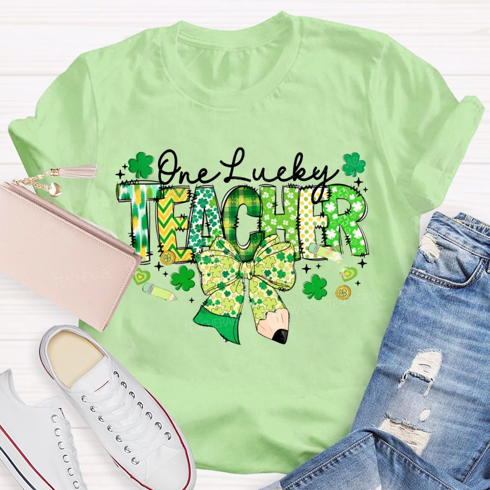One Lucky Teacher Clover Bow And Colorful Lettering T-shirt