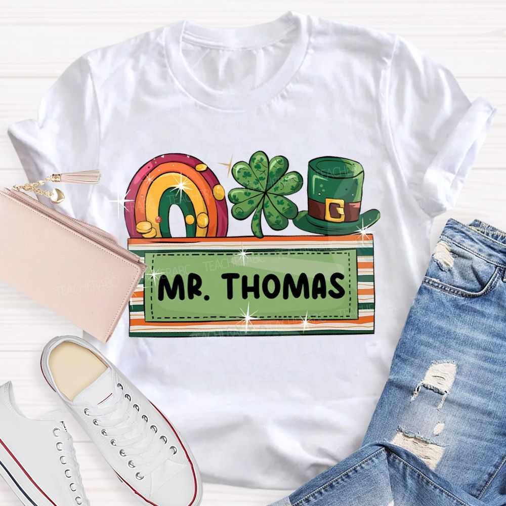 Personalized Name Rainbow Four-Leaf Clover And Magic Hat T-shirt