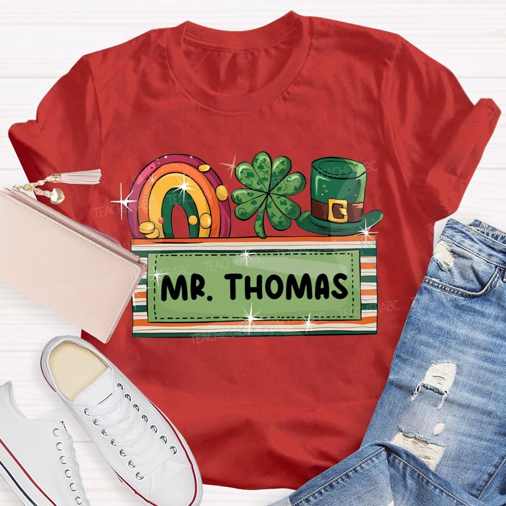 Personalized Name Rainbow Four-Leaf Clover And Magic Hat T-shirt