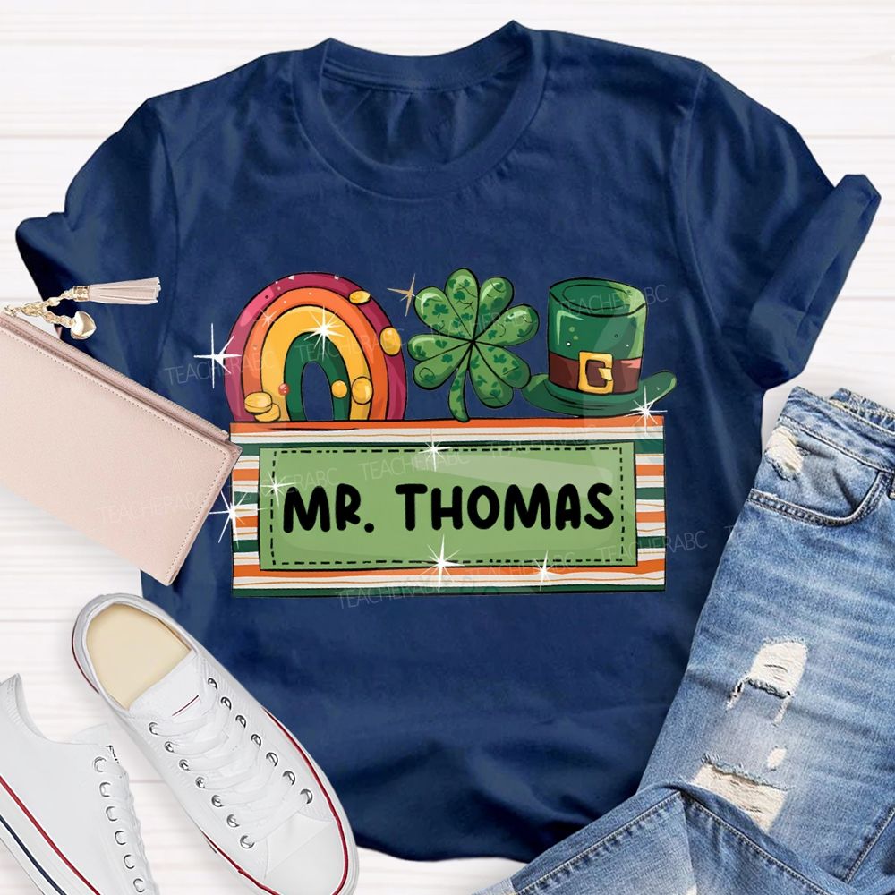 Personalized Name Rainbow Four-Leaf Clover And Magic Hat T-shirt