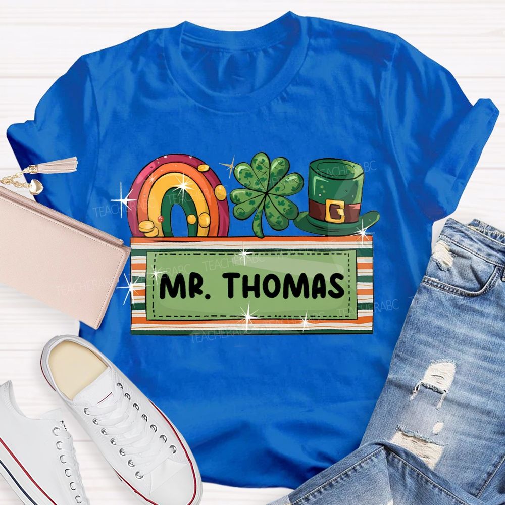 Personalized Name Rainbow Four-Leaf Clover And Magic Hat T-shirt