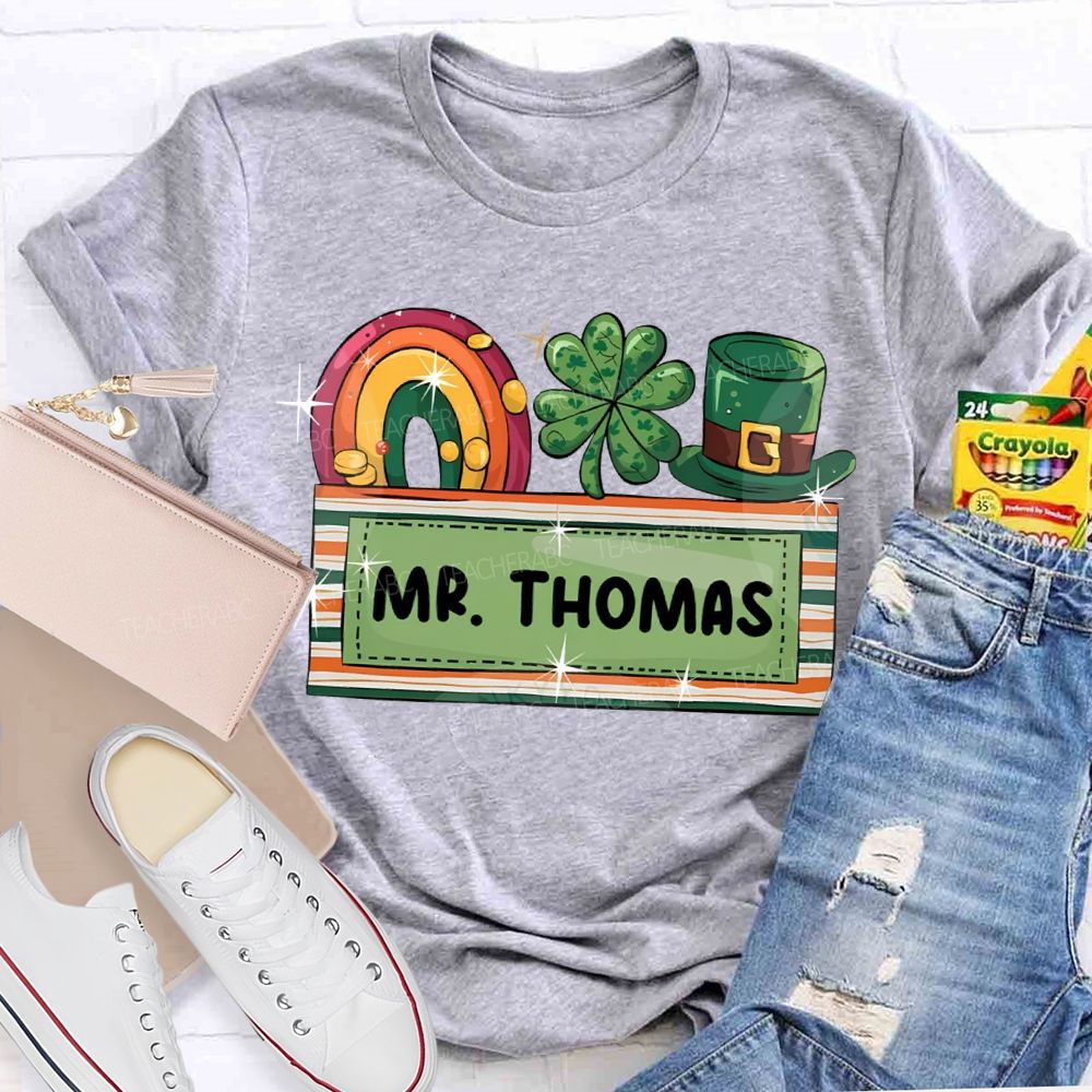 Personalized Name Rainbow Four-Leaf Clover And Magic Hat T-shirt