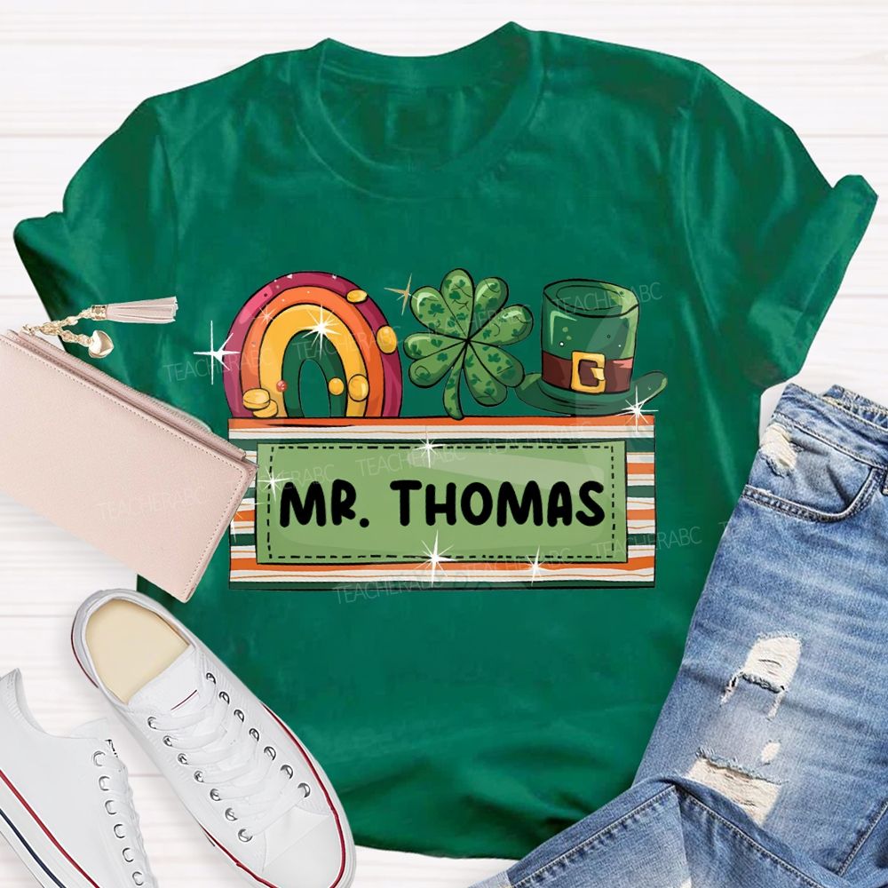 Personalized Name Rainbow Four-Leaf Clover And Magic Hat T-shirt