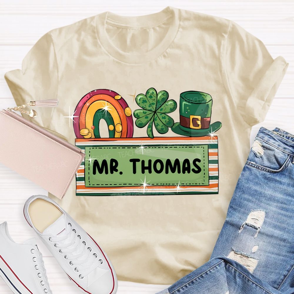 Personalized Name Rainbow Four-Leaf Clover And Magic Hat T-shirt