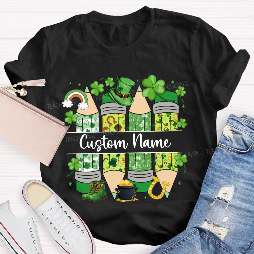 Personalized Name Lucky Clover And Pencil Print Saint Patrick'S Day T-shirt