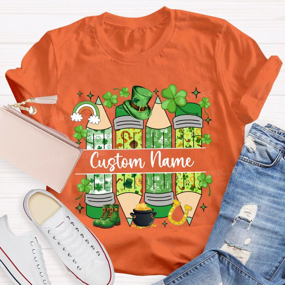 Personalized Name Lucky Clover And Pencil Print Saint Patrick'S Day T-shirt