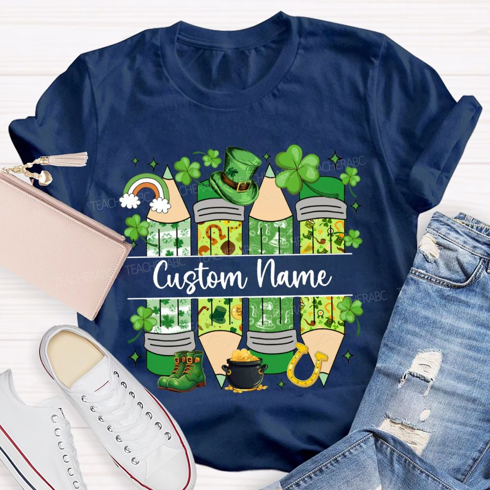 Personalized Name Lucky Clover And Pencil Print Saint Patrick'S Day T-shirt
