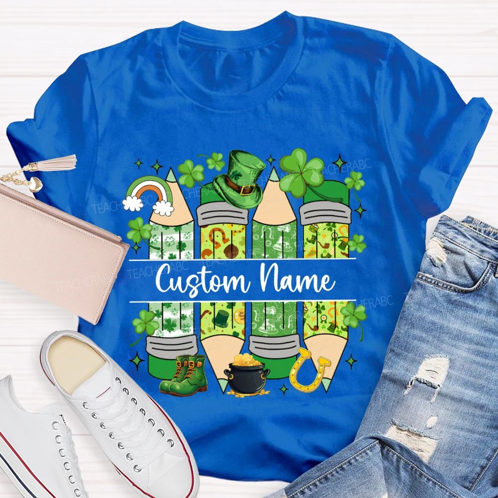 Personalized Name Lucky Clover And Pencil Print Saint Patrick'S Day T-shirt