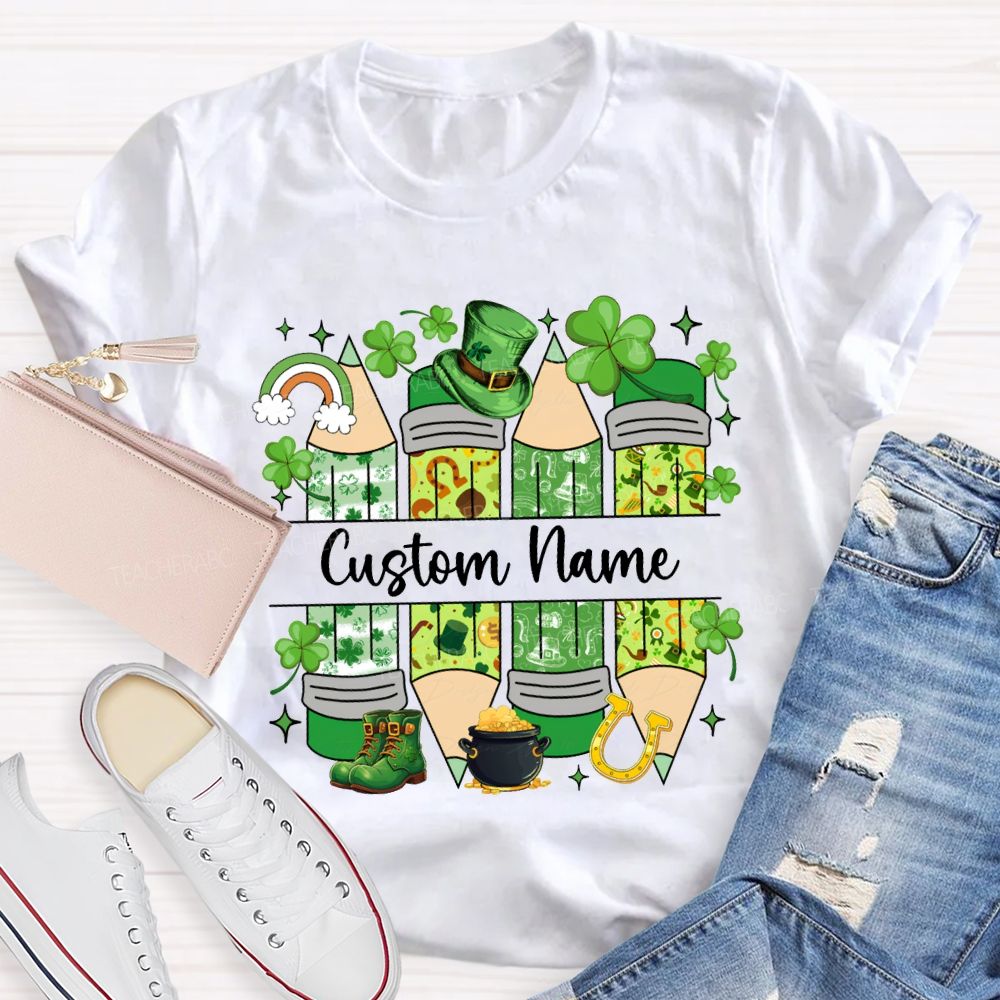 Personalized Name Lucky Clover And Pencil Print Saint Patrick'S Day T-shirt