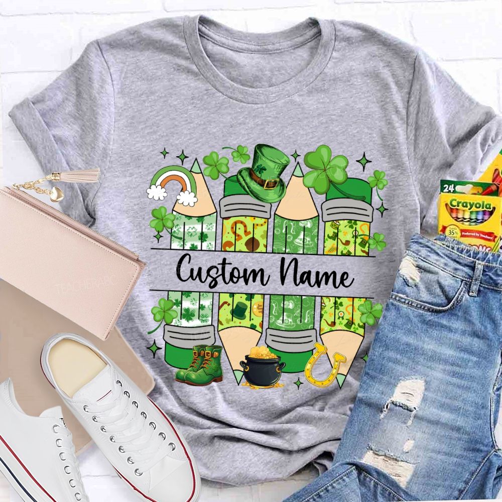 Personalized Name Lucky Clover And Pencil Print Saint Patrick'S Day T-shirt
