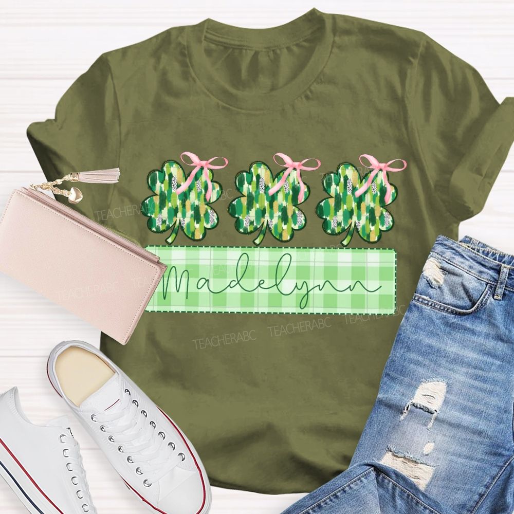 Personalized Name Lucky Bow-Shaped Four-Leaf Clover T-shirt
