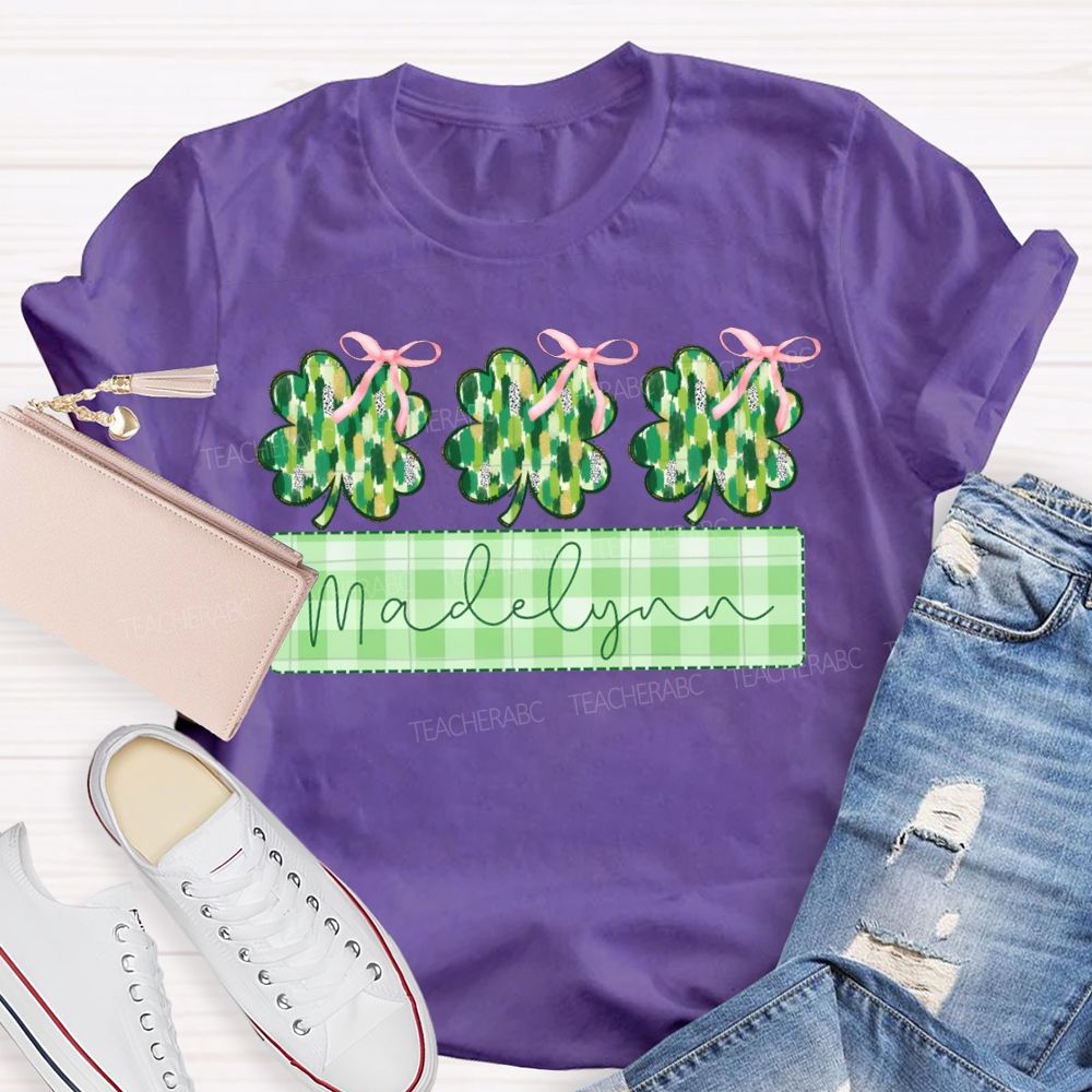 Personalized Name Lucky Bow-Shaped Four-Leaf Clover T-shirt
