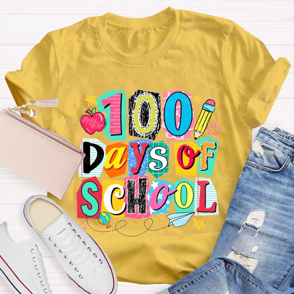 100 Days Of School Colored Block Font And Apple T-shirt