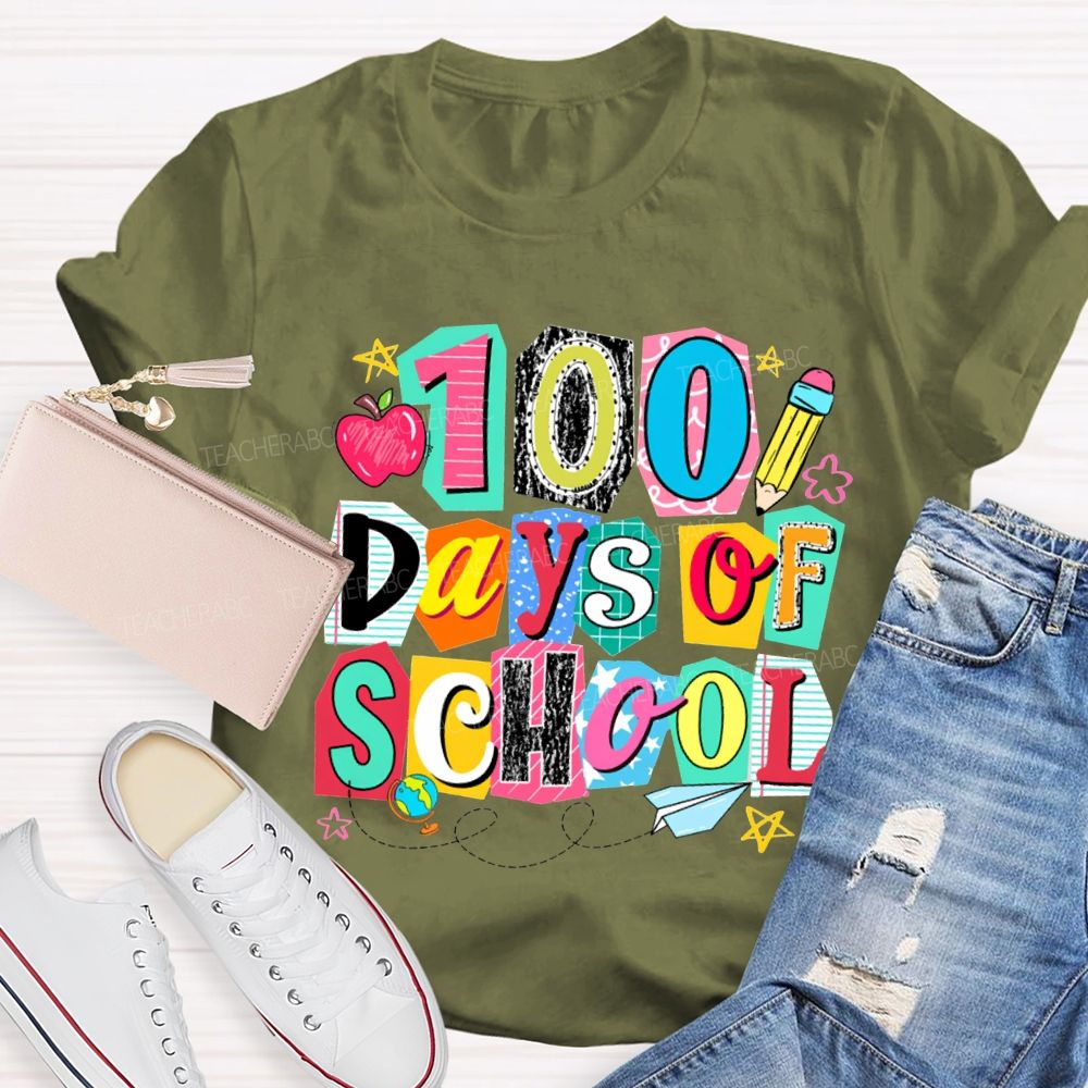 100 Days Of School Colored Block Font And Apple T-shirt