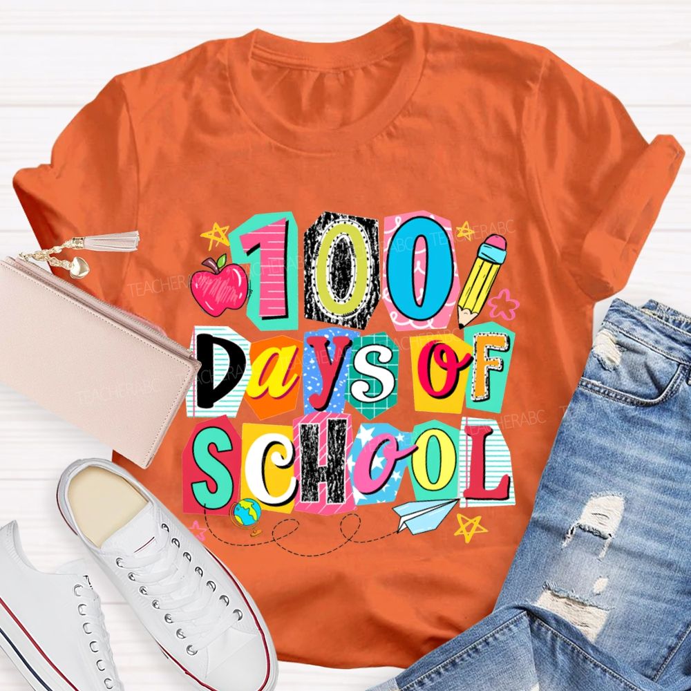 100 Days Of School Colored Block Font And Apple T-shirt
