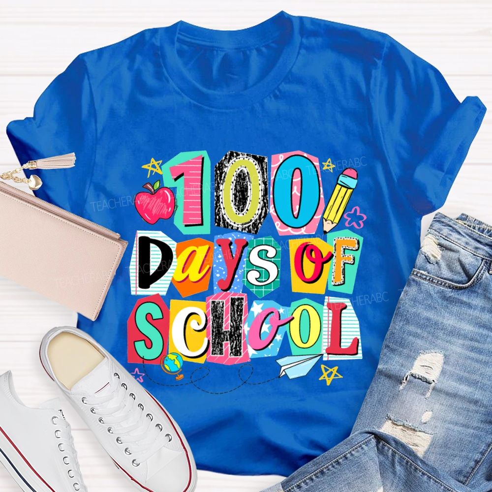 100 Days Of School Colored Block Font And Apple T-shirt