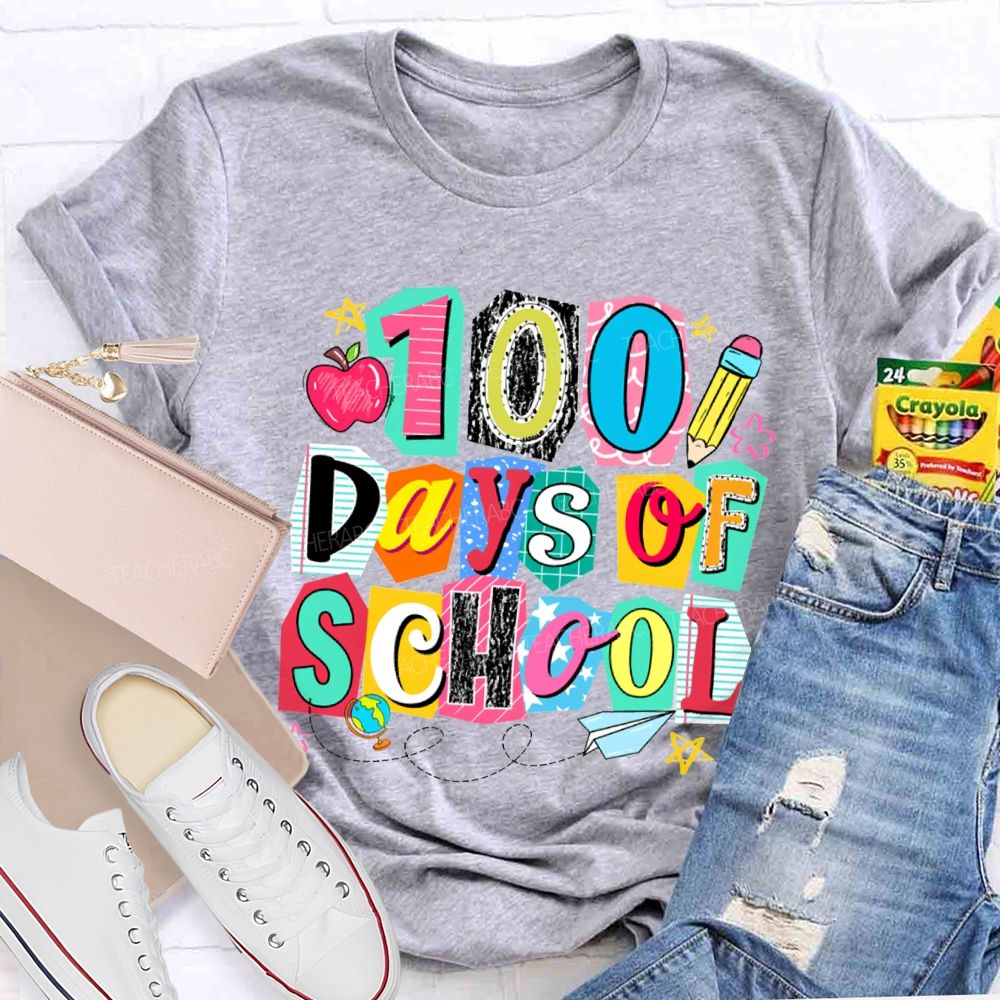 100 Days Of School Colored Block Font And Apple T-shirt